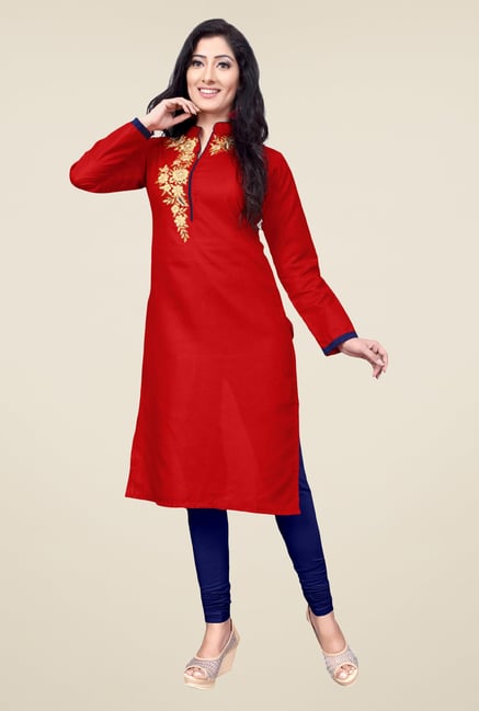 Occeanus Red Embroidered Cotton Kurta Occeanus Red Embroidered Cotton Kurta