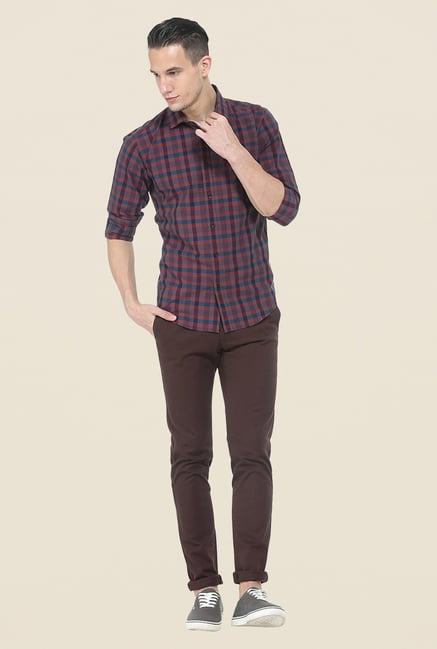 Basics Maroon Checks Slim Fit Cotton Shirt Basics Maroon Checks Slim Fit Cotton Shirt
