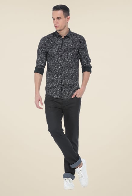 Basics Black Printed Slim Fit Cotton Shirt Basics Black Printed Slim Fit Cotton Shirt