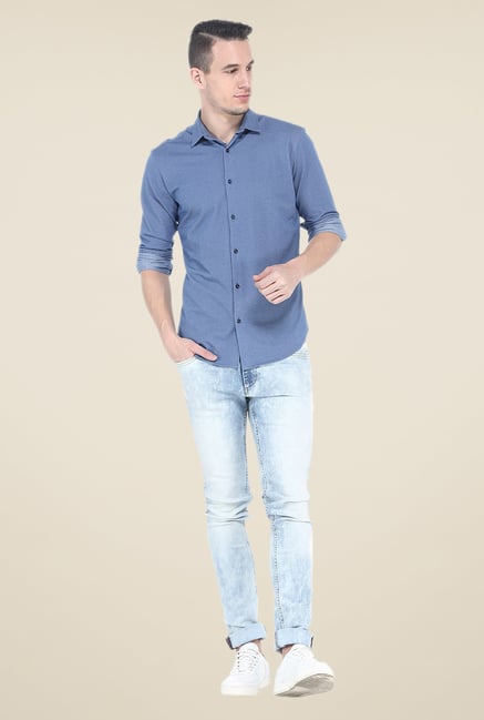 Basics Blue Textured Shirt Basics Blue Textured Shirt
