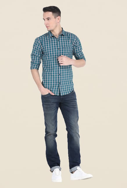 Basics Teal Checks Slim Fit Cotton Shirt Basics Teal Checks Slim Fit Cotton Shirt