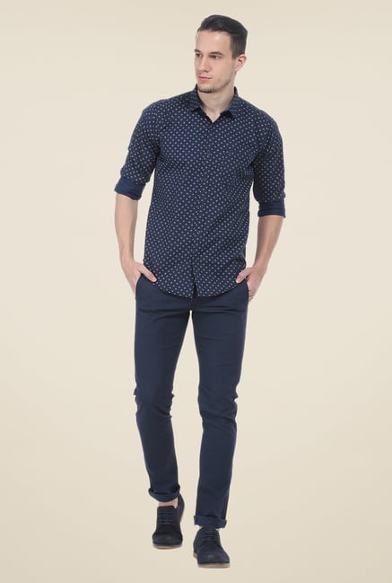 Basics Blue Printed Slim Fit Full Sleeve Shirt Basics Blue Printed Slim Fit Full Sleeve Shirt