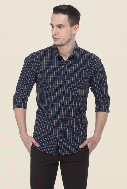Basics Navy Checks Slim Fit Full Sleeve Cotton Shirt Basics Navy Checks Slim Fit Full Sleeve Cotton Shirt