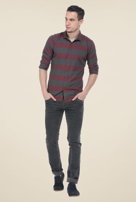 Basics Maroon & Grey Striped Shirt Basics Maroon & Grey Striped Shirt
