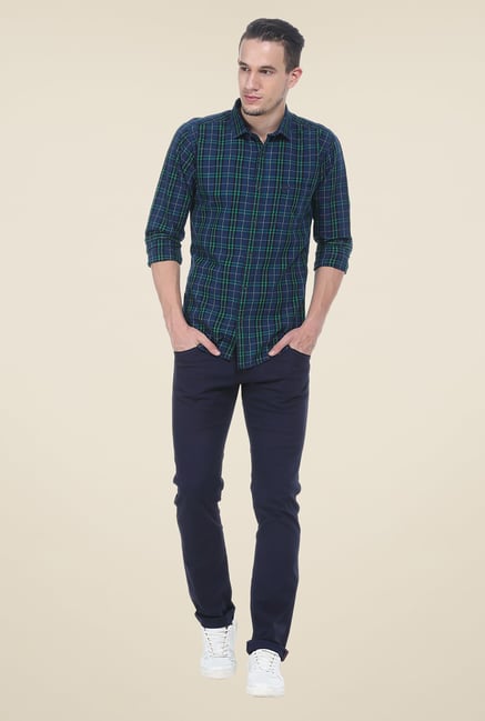 Basics Green & Navy Checks Slim Fit Cotton Shirt Basics Green & Navy Checks Slim Fit Cotton Shirt