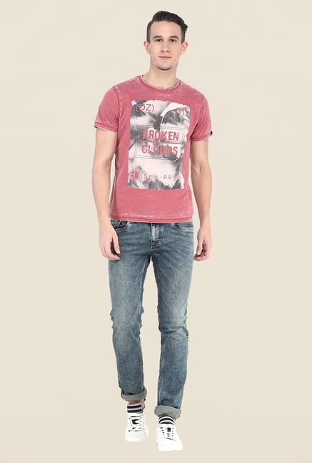 Basics Red Printed Crew T Shirt Basics Red Printed Crew T Shirt