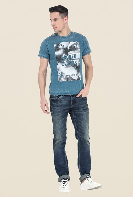 Basics Blue Printed Crew T Shirt Basics Blue Printed Crew T Shirt
