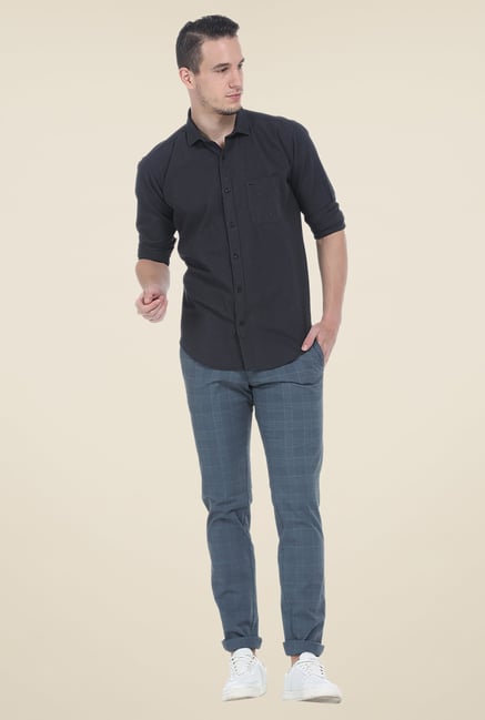 Basics Dark Grey Checks Elastane Tapered Fit Chinos Basics Dark Grey Checks Elastane Tapered Fit Chinos