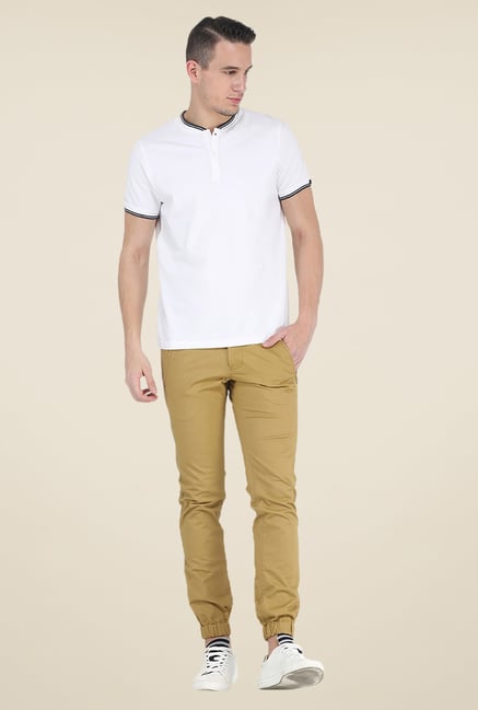 Basics Khaki Solid Elastane Tapered Fit Joggers Basics Khaki Solid Elastane Tapered Fit Joggers