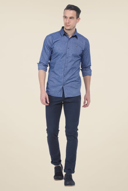 Basics Blue Textured Slim Fit Full Sleeve Shirt Basics Blue Textured Slim Fit Full Sleeve Shirt