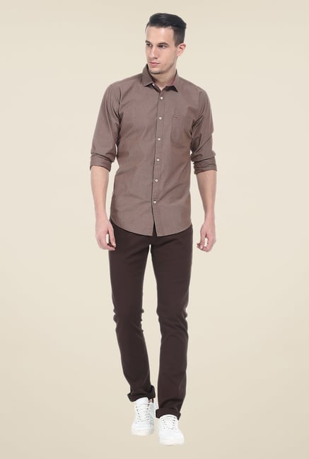 Basics Brown Solid Elastane Tapered Fit Chinos Basics Brown Solid Elastane Tapered Fit Chinos