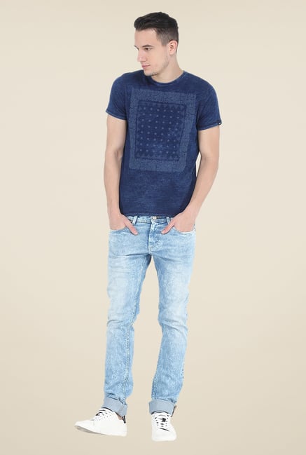 Basics Blue Printed Crew T Shirt Basics Blue Printed Crew T Shirt