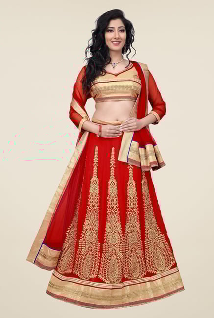 Occeanus Beige & Red Semi Stitched Lehenga Set Occeanus Beige & Red Semi Stitched Lehenga Set