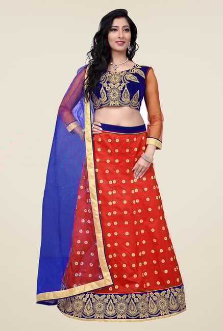 Occeanus Blue & Red Semi Stitched Lehenga Set Occeanus Blue & Red Semi Stitched Lehenga Set