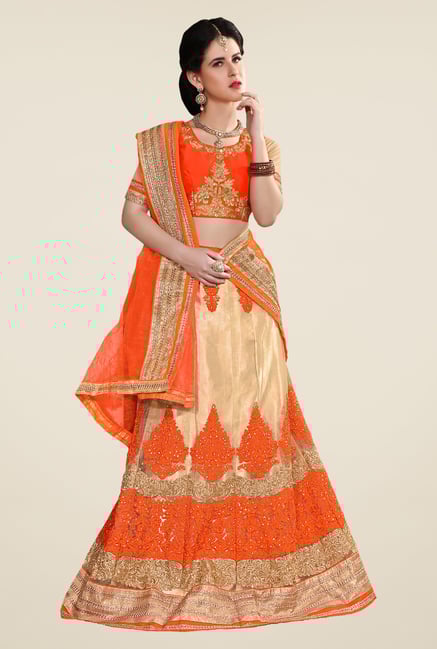 Occeanus Orange & Beige Semi Stitched Lehenga Set Occeanus Orange & Beige Semi Stitched Lehenga Set