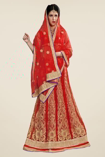 Occeanus Red Embroidered Net Semi Stitched Lehenga Set Occeanus Red Embroidered Net Semi Stitched Lehenga Set