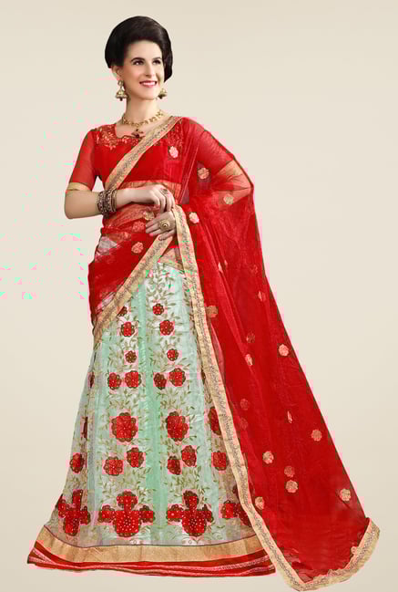 Occeanus Red & Turquoise Semi Stitched Lehenga Set Occeanus Red & Turquoise Semi Stitched Lehenga Set