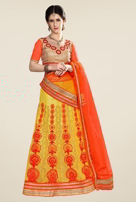 Occeanus Beige & Yellow Semi Stitched Lehenga Set Occeanus Beige & Yellow Semi Stitched Lehenga Set