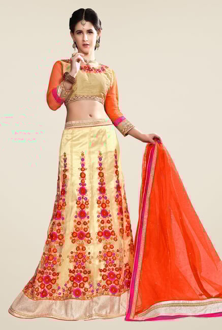 Occeanus Beige Embroidered Net Semi Stitched Lehenga Set Occeanus Beige Embroidered Net Semi Stitched Lehenga Set