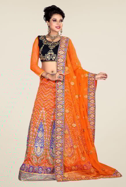 Occeanus Navy & Orange Embroidered Net Lehenga Set Occeanus Navy & Orange Embroidered Net Lehenga Set