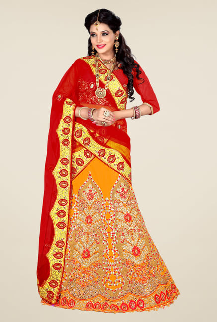 Occeanus Red & Orange Embroidered Georgette Lehenga Set Occeanus Red & Orange Embroidered Georgette Lehenga Set