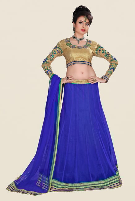 Occeanus Beige & Blue Embroidered Net Designer Lehenga Set Occeanus Beige & Blue Embroidered Net Designer Lehenga Set