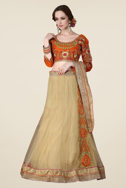 Occeanus Orange & Beige Embroidered Net Designer Lehenga Set Occeanus Orange & Beige Embroidered Net Designer Lehenga Set