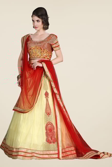 Occeanus Orange & Beige Embroidered Net Designer Lehenga Set Occeanus Orange & Beige Embroidered Net Designer Lehenga Set