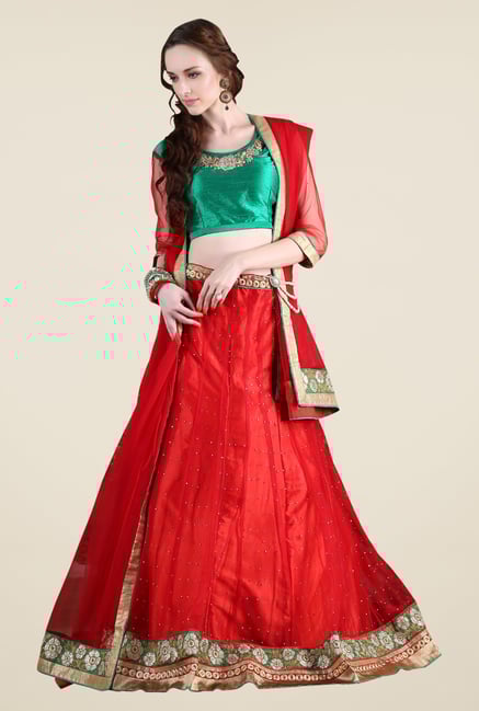 Occeanus Green & Red Net Designer Lehenga Set Occeanus Green & Red Net Designer Lehenga Set