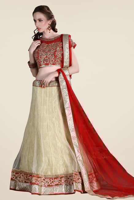 Occeanus Red & Beige Embroidered Net Designer Lehenga Set Occeanus Red & Beige Embroidered Net Designer Lehenga Set