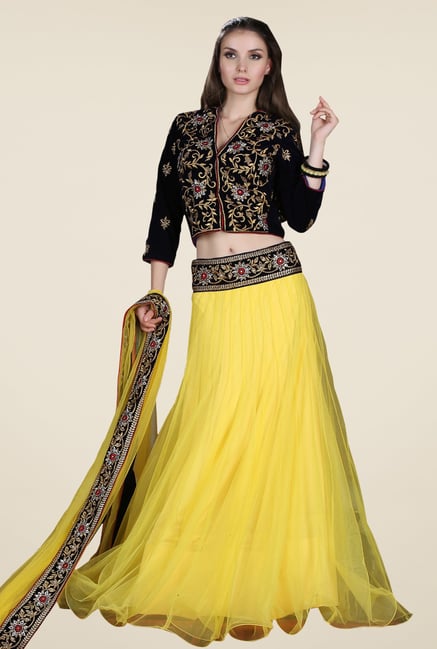 Occeanus Black & Yellow Embroidered Net Lehenga Set Occeanus Black & Yellow Embroidered Net Lehenga Set