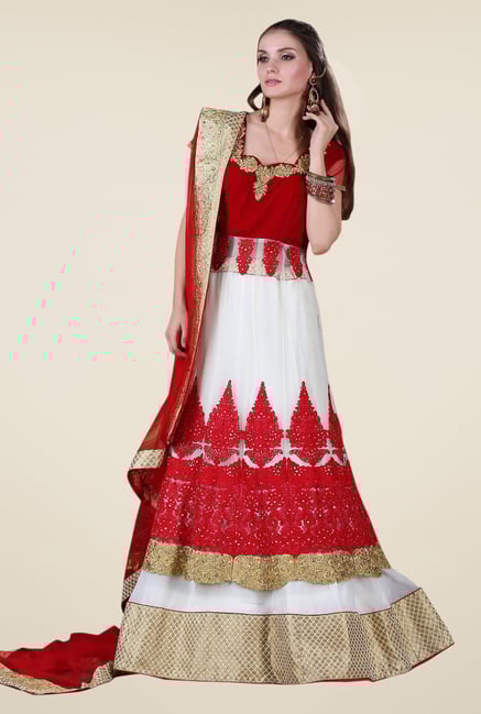 Occeanus Red & White Embroidered Net Designer Lehenga Set Occeanus Red & White Embroidered Net Designer Lehenga Set