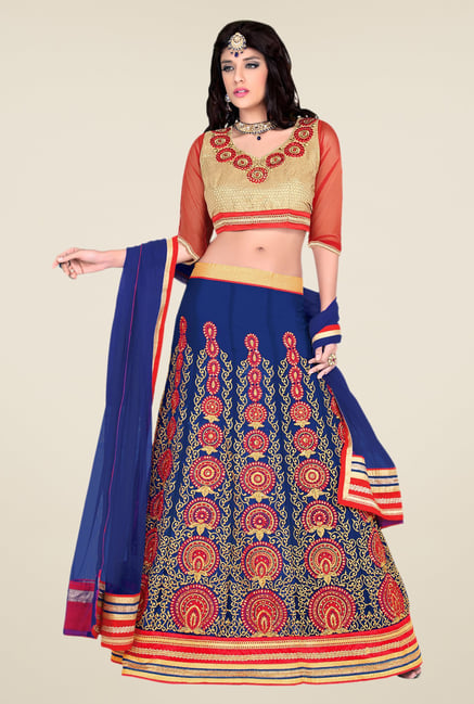 Occeanus Beige & Navy Embroidered Net Lehenga Set Occeanus Beige & Navy Embroidered Net Lehenga Set
