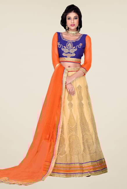 Occeanus Blue & Beige Embroidered Net Designer Lehenga Set Occeanus Blue & Beige Embroidered Net Designer Lehenga Set