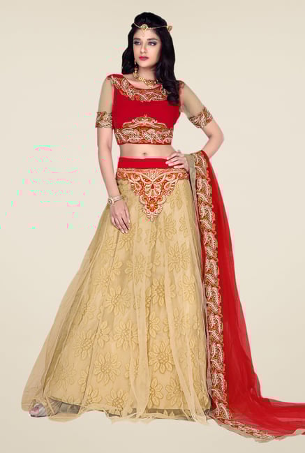 Occeanus Red & Beige Embroidered Net Lehenga Set Occeanus Red & Beige Embroidered Net Lehenga Set