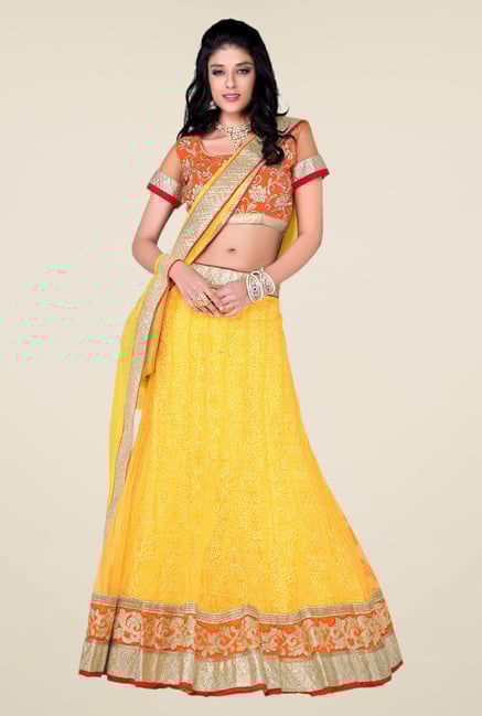 Occeanus Orange & Yellow Net Designer Lehenga Set Occeanus Orange & Yellow Net Designer Lehenga Set