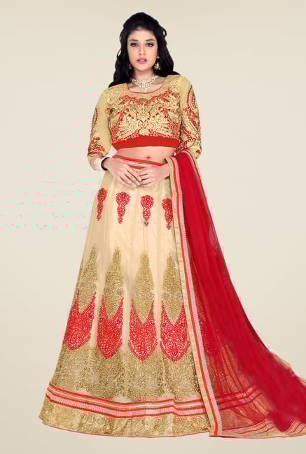 Occeanus Beige Embroidered Net Lehenga Set Occeanus Beige Embroidered Net Lehenga Set