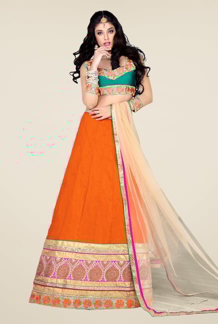 Occeanus Teal & Orange Embroidered Net Designer Lehenga Set Occeanus Teal & Orange Embroidered Net Designer Lehenga Set