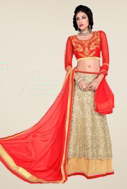 Occeanus Red & Beige Embroidered Georgette Lehenga Set Occeanus Red & Beige Embroidered Georgette Lehenga Set