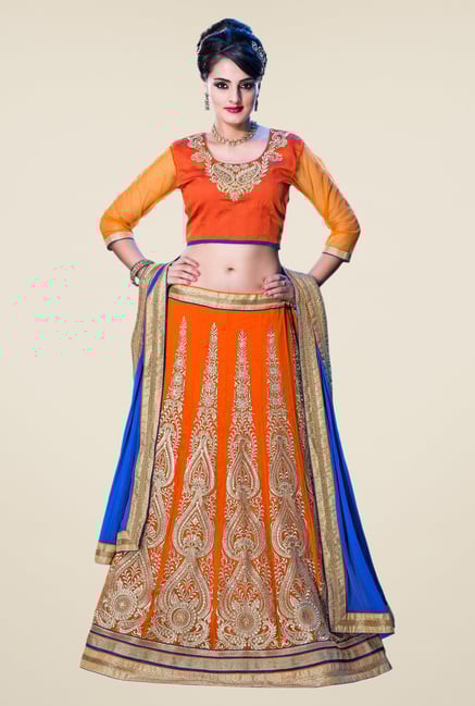 Occeanus Orange Embroidered Net Lehenga Set Occeanus Orange Embroidered Net Lehenga Set