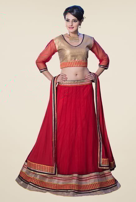 Occeanus Red Embroidered Net Lehenga Set Occeanus Red Embroidered Net Lehenga Set