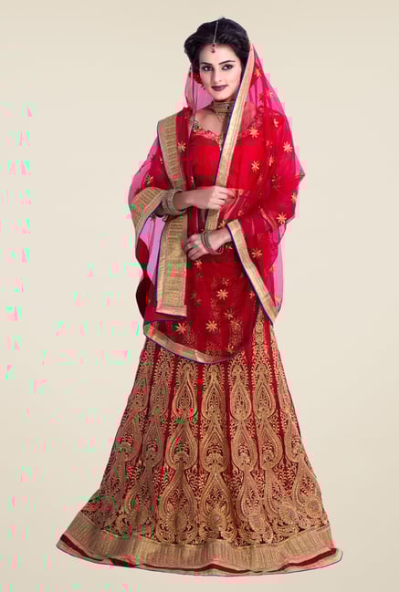 Occeanus Red Embroidered Net Lehenga Set Occeanus Red Embroidered Net Lehenga Set