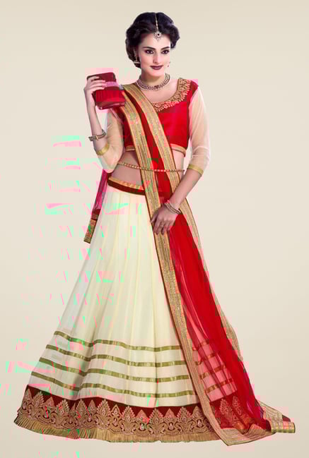 Occeanus Red & Off White Embroidered Net Lehenga Set Occeanus Red & Off White Embroidered Net Lehenga Set