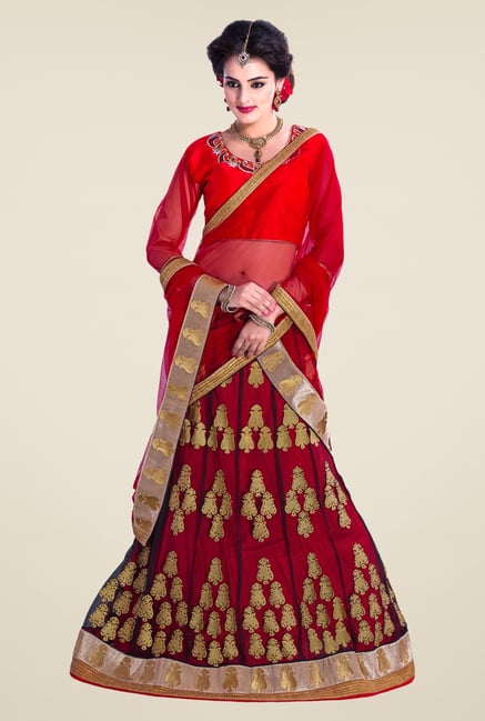 Occeanus Red Embroidered Net Lehenga Set Occeanus Red Embroidered Net Lehenga Set
