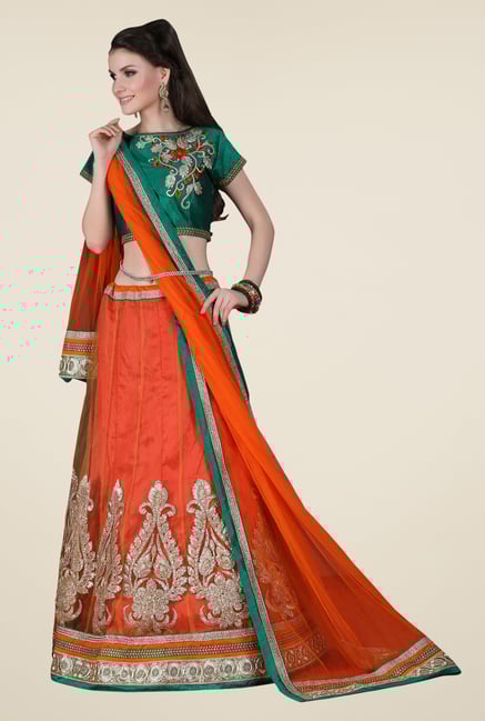 Occeanus Green & Orange Embroidered Net Lehenga Set Occeanus Green & Orange Embroidered Net Lehenga Set