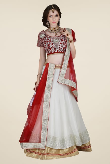 Occeanus Red & White Embroidered Net Lehenga Set Occeanus Red & White Embroidered Net Lehenga Set