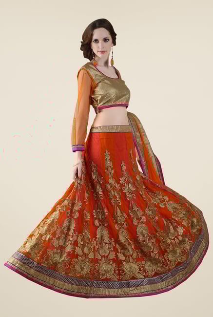 Occeanus Gold & Orange Embellished Net Lehenga Set Occeanus Gold & Orange Embellished Net Lehenga Set