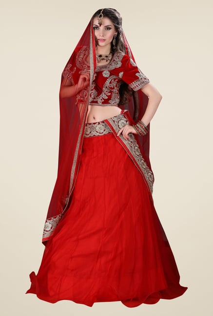 Occeanus Red Embroidered Net Designer Lehenga Set Occeanus Red Embroidered Net Designer Lehenga Set