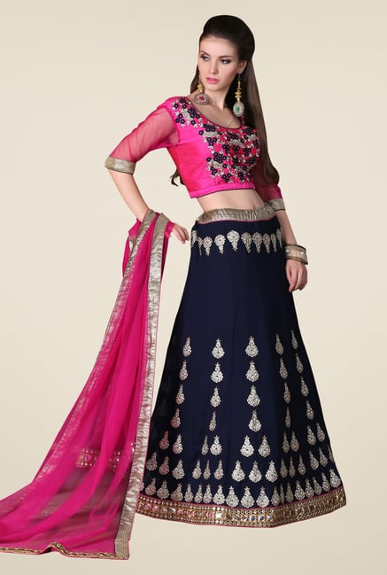 Occeanus Pink & Navy Embroidered Net Designer Lehenga Set Occeanus Pink & Navy Embroidered Net Designer Lehenga Set