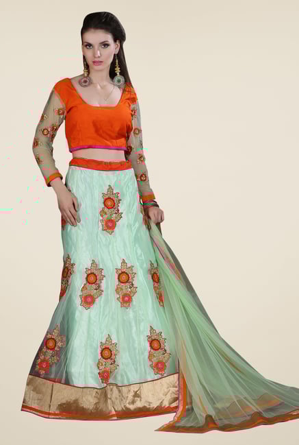 Occeanus Orange & Turquoise Embroidered Net Lehenga Set Occeanus Orange & Turquoise Embroidered Net Lehenga Set